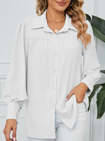 Woochic blouse boutonnage col chemise manches bishop femme décontracté Blanche S